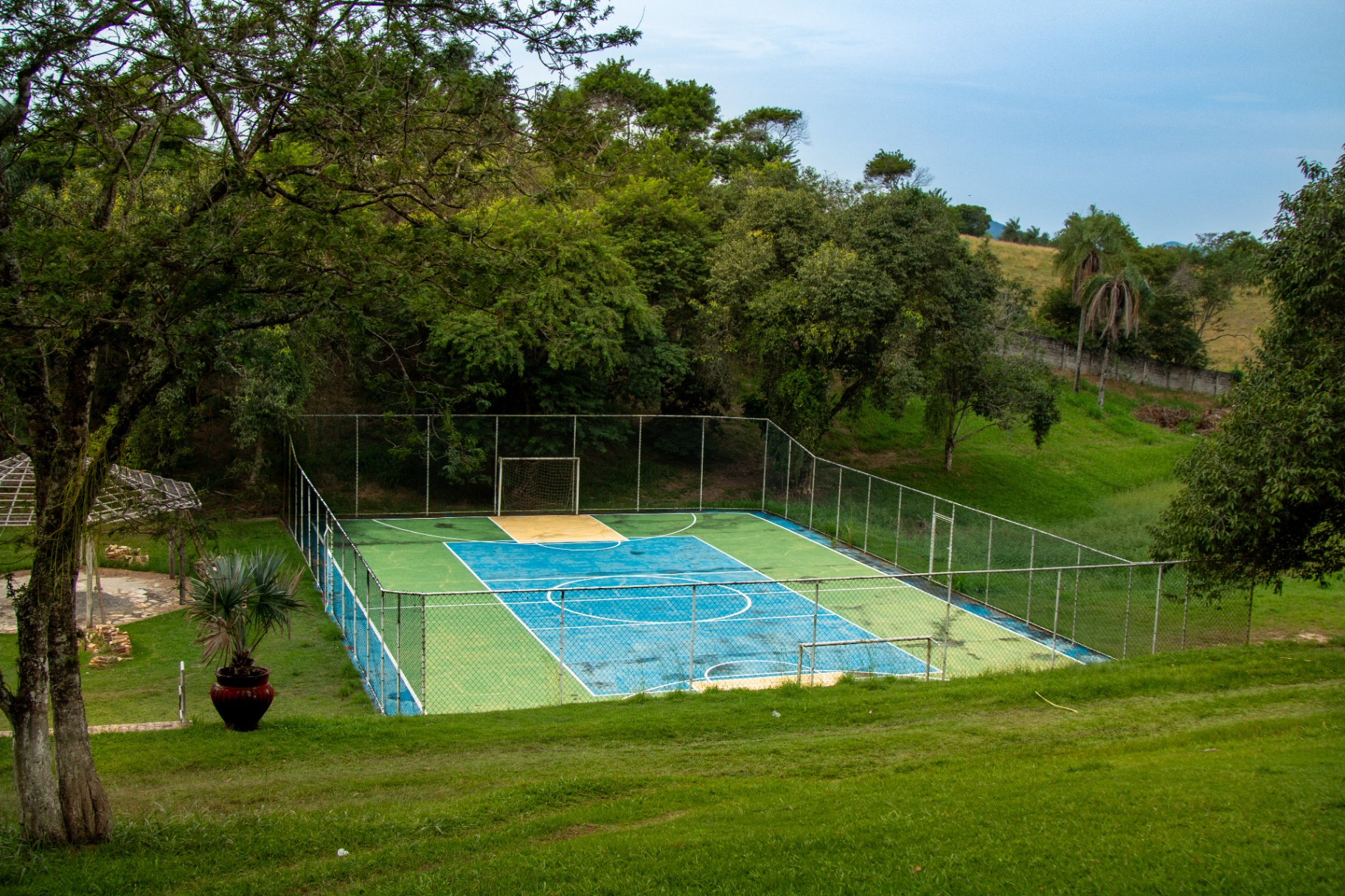 Quadra esportiva cercada por árvores